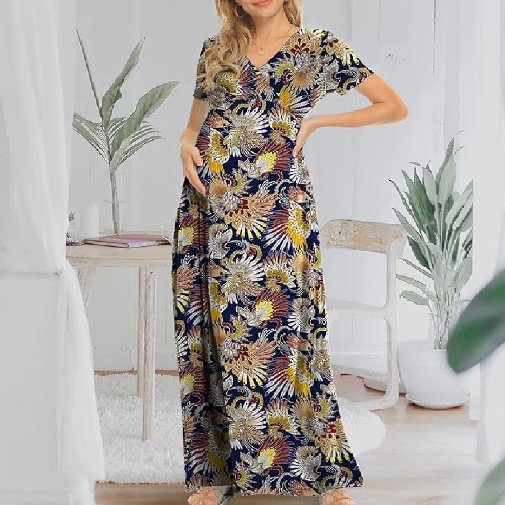 Maxi Dress Short Sleeve Cross Wrap Ruched Maternity Baby Shower Pregnancy NEW - Picture 3 of 12
